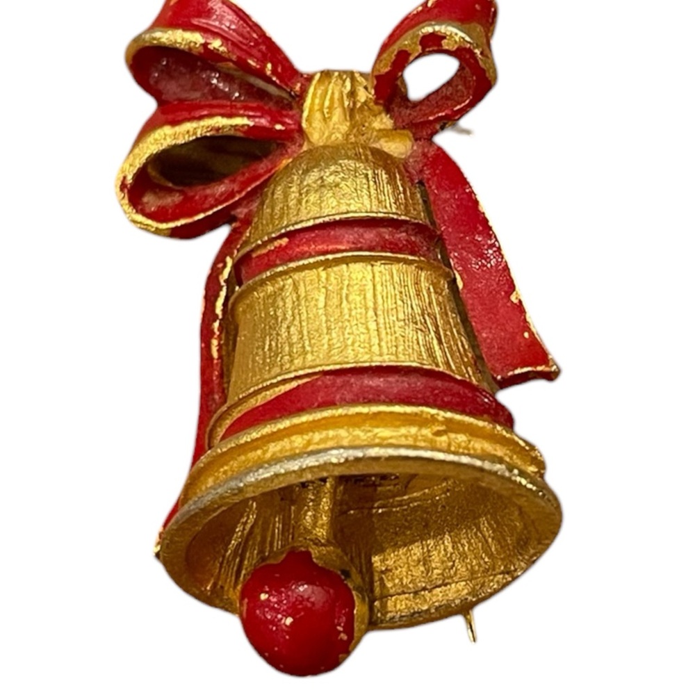 Vintage Holiday Bell Red Ribbon Bow Brushed Gold Tone Christmas Dangling Ball